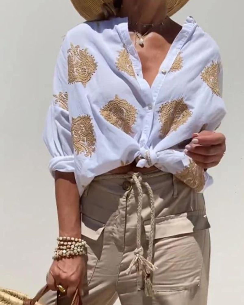 Salma - Chemise Décontractée En Coton Et Lin Brodé