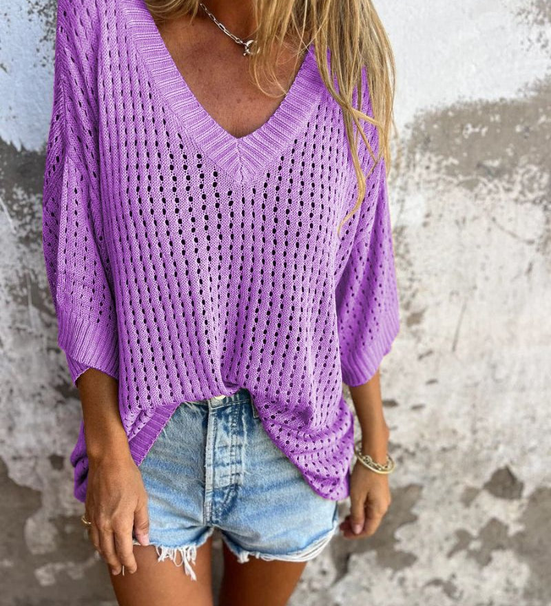 Daona - Haut Tricoté À Col V Et Motifs Ajourés