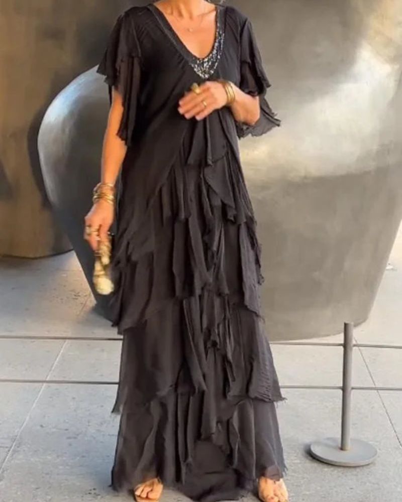 Bela Valiere - Robe Fluide à Col V – Élégance Chic et Moderne