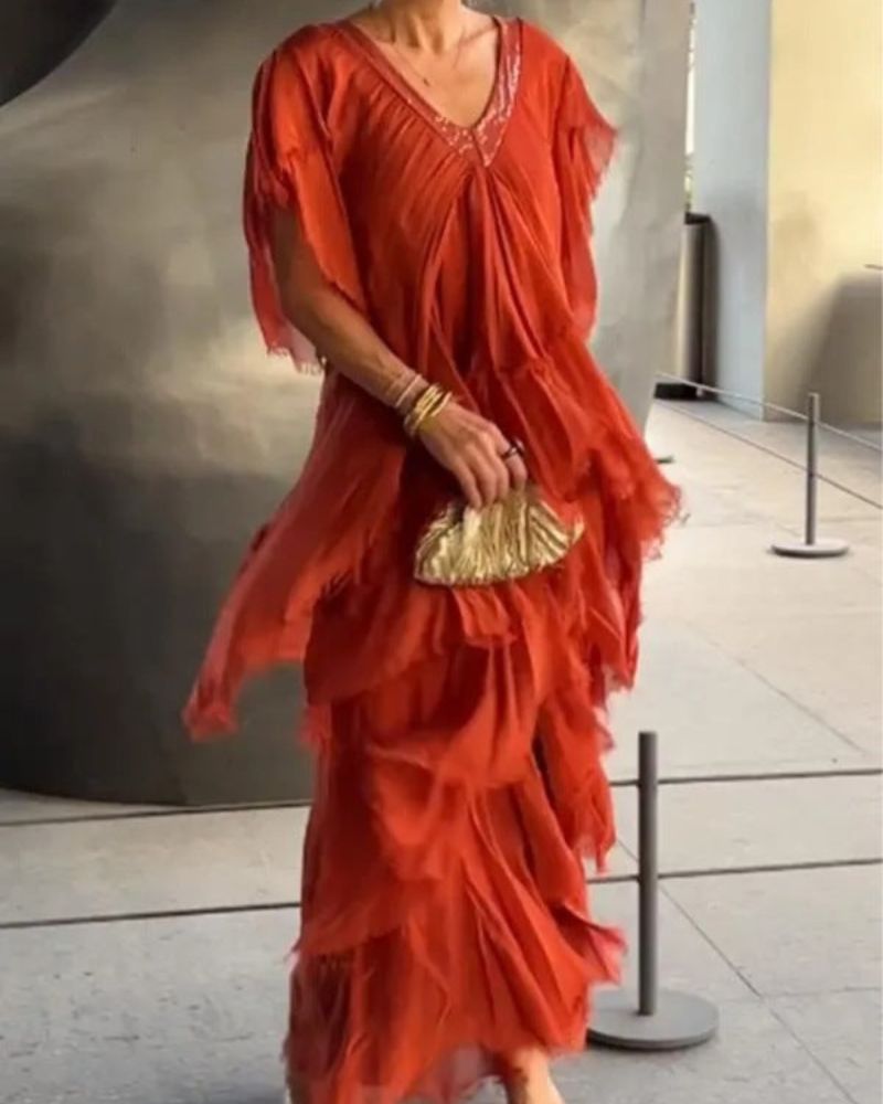 Bela Valiere - Robe Fluide à Col V – Élégance Chic et Moderne
