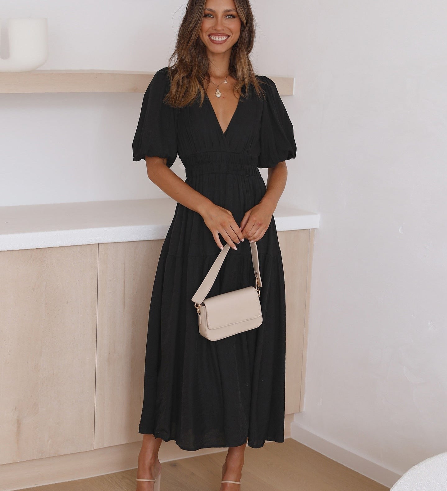 Robe Ella - Décolleté En V, Manches Bouffantes