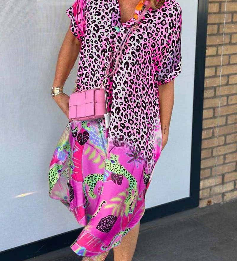 Anne - Robe Décontractée À Manches Courtes Et Imprimé Léopard