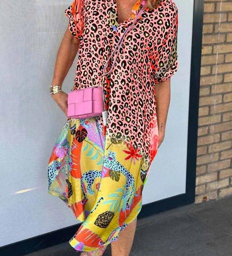 Anne - Robe Décontractée À Manches Courtes Et Imprimé Léopard