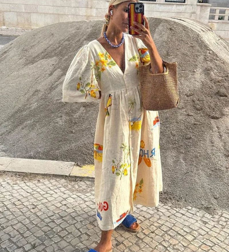 Anni – Robe en Lin Imprimée Bohème Chic