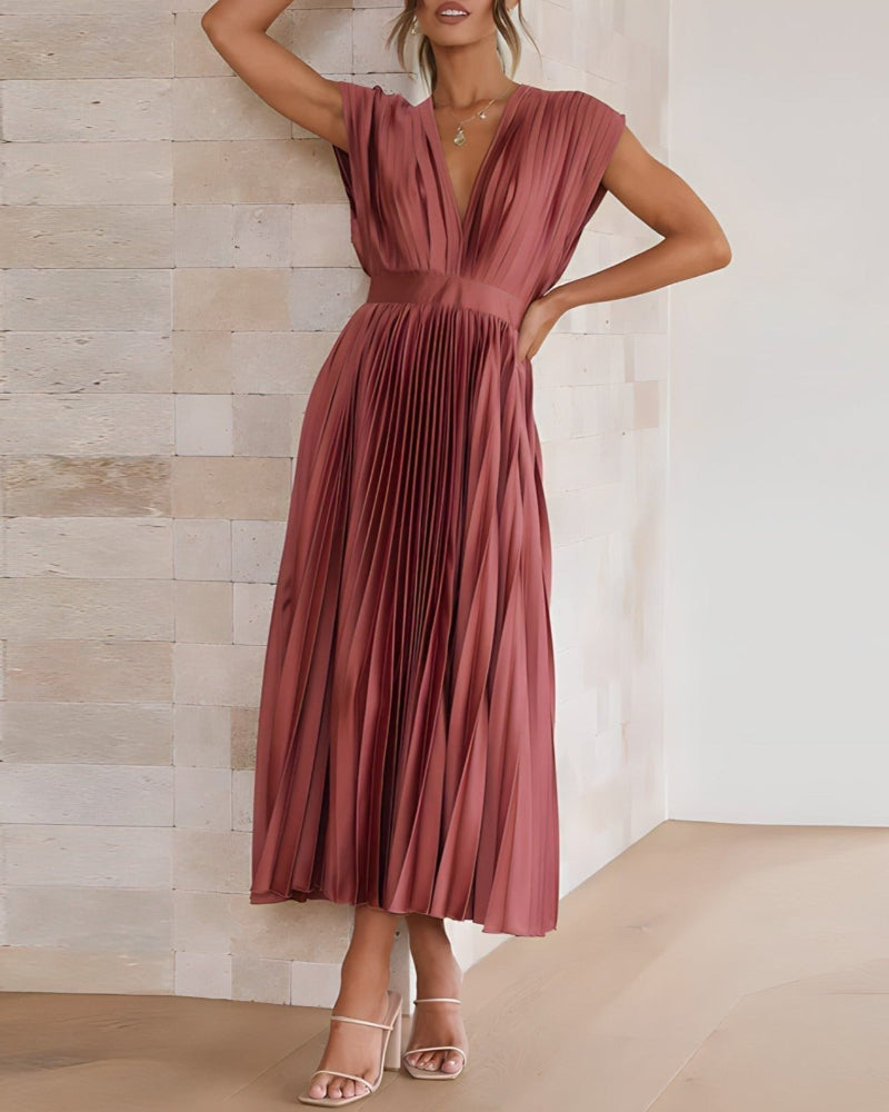 Elena - Robe Midi Plissée Élégante Sans Manches