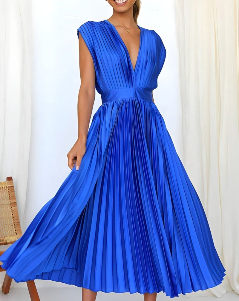 Elena - Robe Midi Plissée Élégante Sans Manches