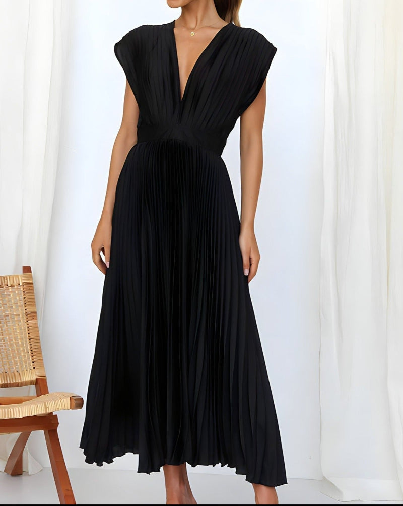 Elena - Robe Midi Plissée Élégante Sans Manches